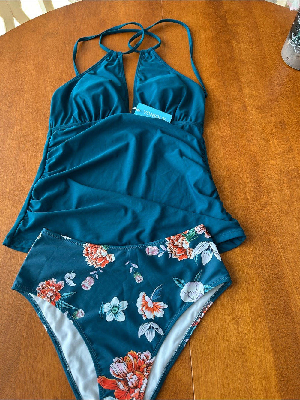 Yonique Teal Floral Tankini Set - Teal